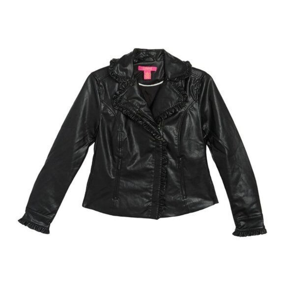 Catherine Malandrino Faux Leather Ruffle Trim Black Moto Jacket - Picture 2 of 3